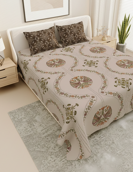 Paisley Floral Print Beige & Brown 250 TC Pure Cotton King Size Bedsheet with 2 Pillow Covers