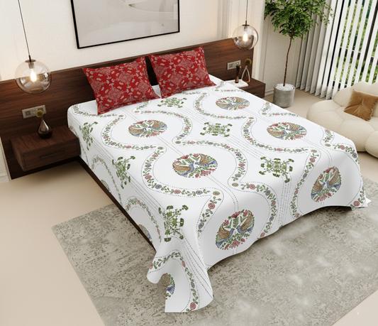Paisley Floral Print Multicolour on White 250 TC Pure Cotton King Size Bedsheet with 2 Pillow Covers
