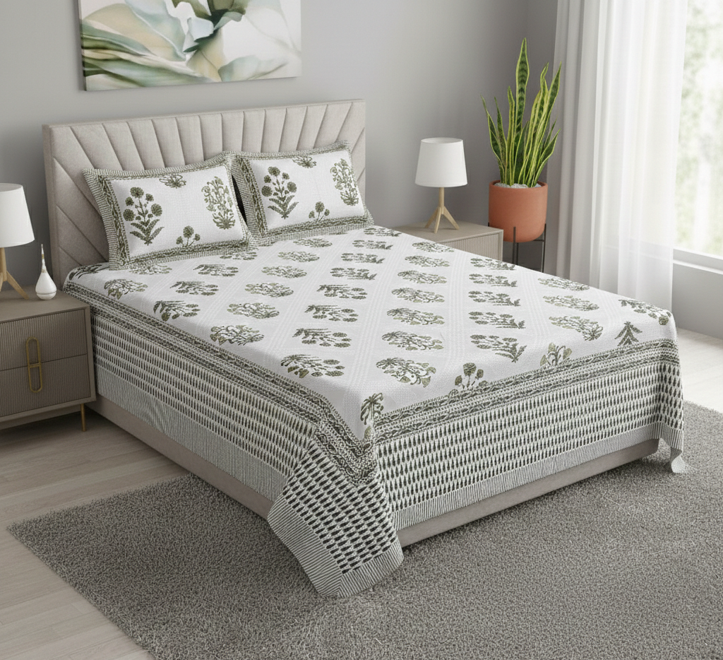 Floral Motif Olive Green  200 TC 100% Pure Cotton King Size Bedsheet with 2 Pillow Covers