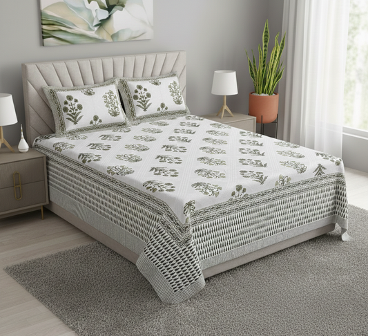Floral Motif Olive Green  200 TC 100% Pure Cotton King Size Bedsheet with 2 Pillow Covers