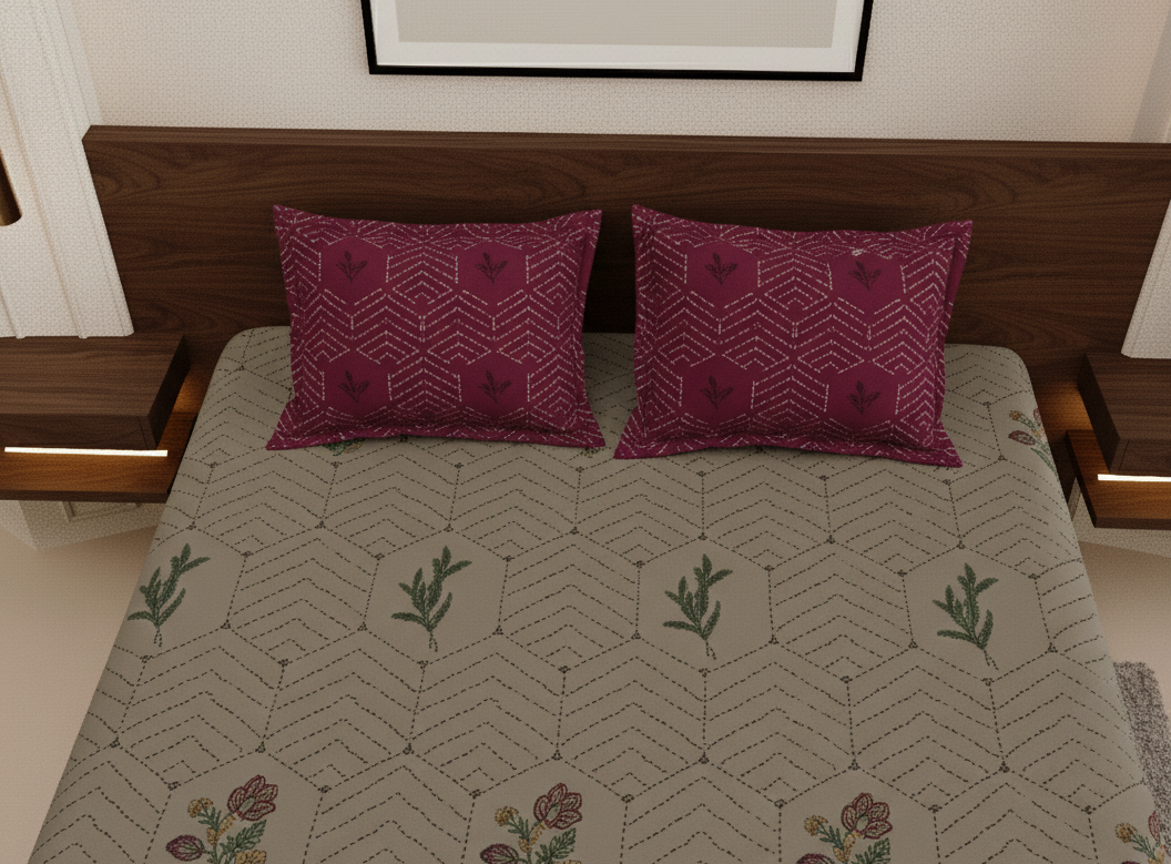 Geometric Floral Print Brown & Magenta 250 TC Pure Cotton King Size Bedsheet with 2 Pillow Covers
