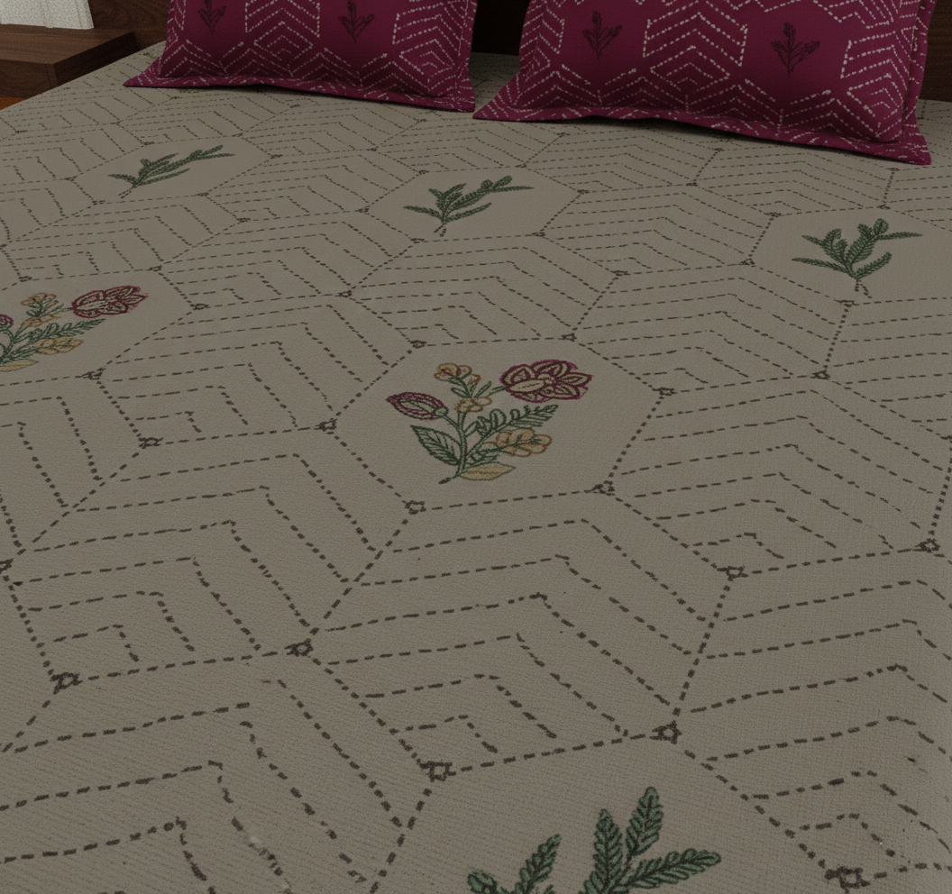 Geometric Floral Print Brown & Magenta 250 TC Pure Cotton King Size Bedsheet with 2 Pillow Covers