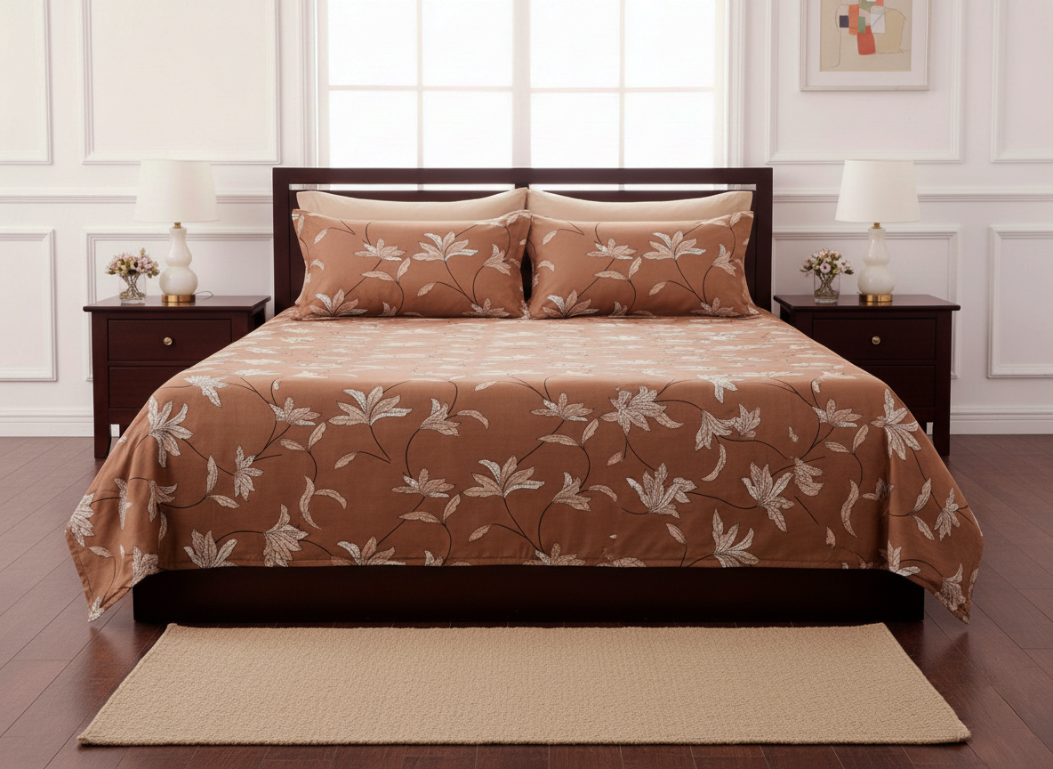 Light Brown Floral 200 TC Pure Cotton Double Queen Size Bedsheet