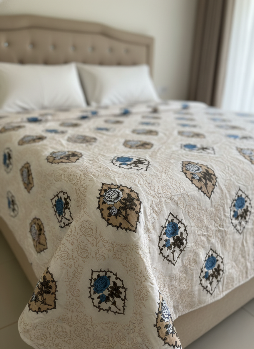 Blue & Gold Rose Bloom Jaipuri Double Mulmul Cotton Dohar Comforter