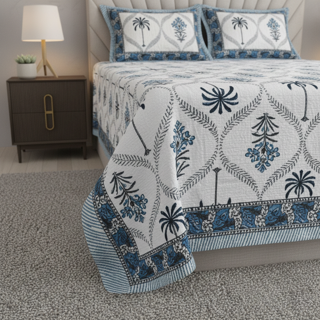 Jaipuri Sanganeri Palm Tree Motif Blue 200 TC 100% Pure Cotton King Size Bedsheet with 2 Pillow Covers