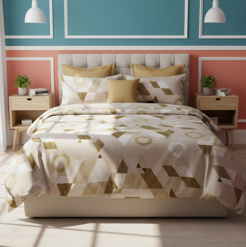 Green & Beige Geometric 200 TC Pure Cotton Queen Size Double Bedsheet