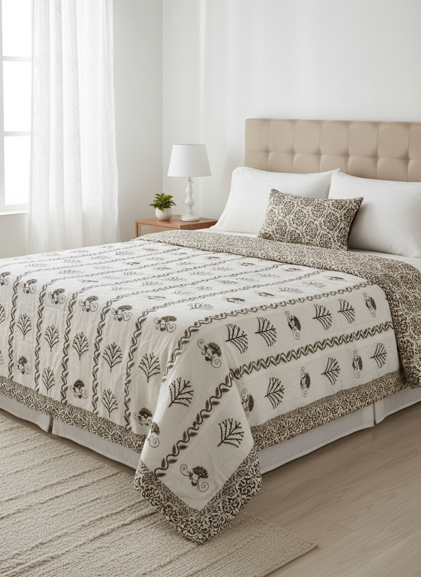 Dark Olive Foliage | Double Mulmul Cotton Dohar | Jaipuri Heritage