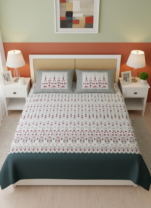 Teal & Grey Floral 240 TC Pure Cotton King Size Bedsheet