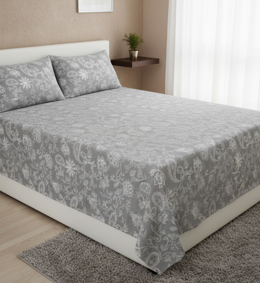 Grey Floral 350 TC Pure Cotton King Size Bedsheet with 2 Pillow Covers
