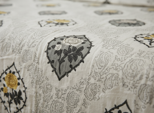 Mustard Yellow & Grey Roses | Jaipuri Double Mulmul Dohar Comforter