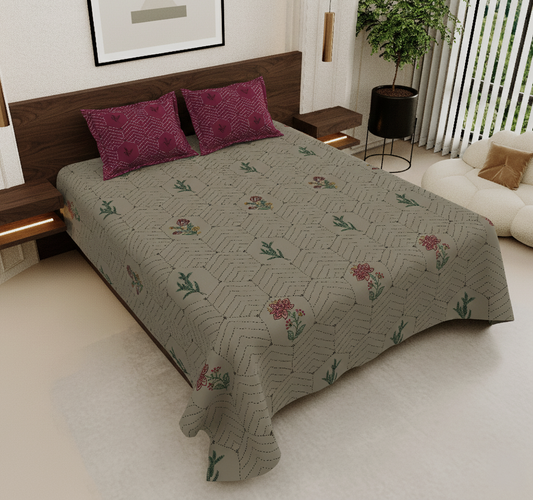Geometric Floral Print Brown & Magenta 250 TC Pure Cotton King Size Bedsheet with 2 Pillow Covers