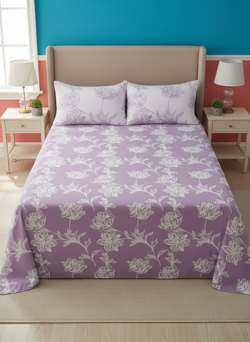 The Lilac Whisper Floral 200 TC Pure Cotton Queen Size Double Bedsheet