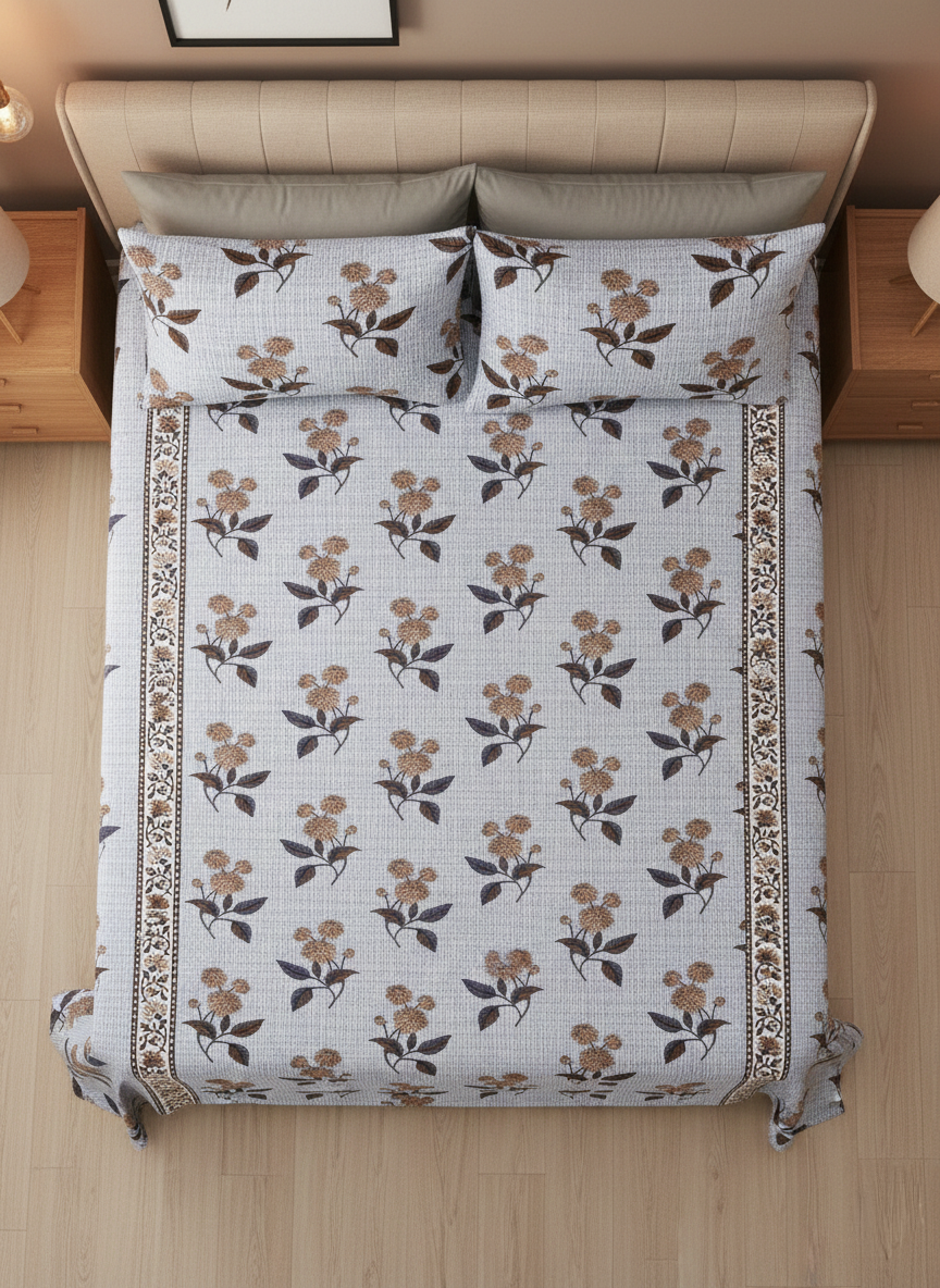 Blue and Beige Checked Floral 240 TC Pure Cotton King Size Bedsheet