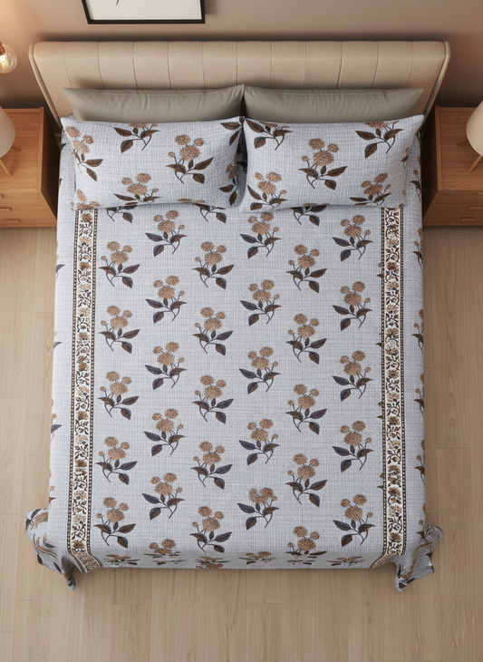 Blue and Beige Checked Floral 240 TC Pure Cotton King Size Bedsheet