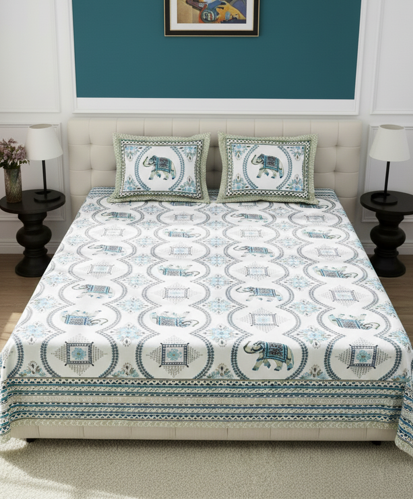 Elephant Motifs 200 TC Pure Cotton King Size Fitted Bedsheet