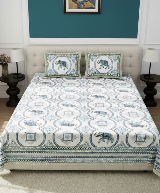 Elephant Motifs 200 TC Pure Cotton King Size Fitted Bedsheet