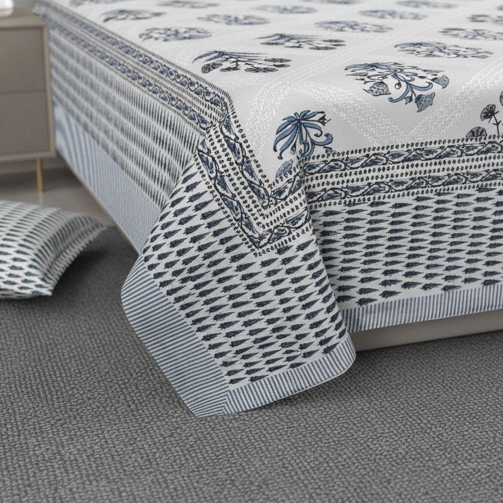 Floral Motif Blue & White 200 TC 100% Pure Cotton King Size Bedsheet with 2 Pillow Covers