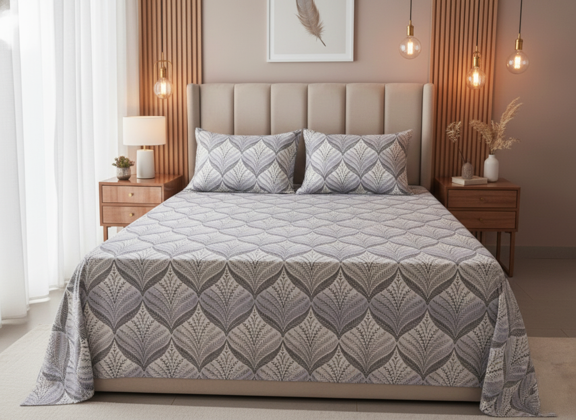 Lavender & Gray Floral King Size 240 TC Pure Cotton Bedsheet