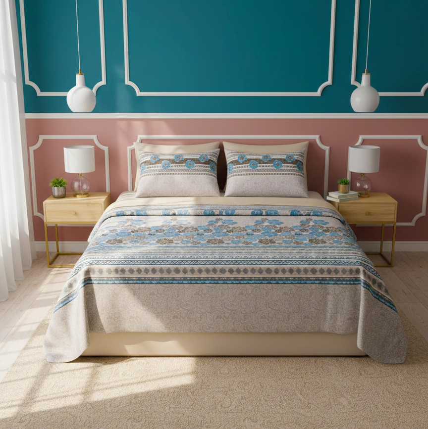 Serene Blue & Stone Gray Floral 240 TC Pure Cotton King Size Bedsheet