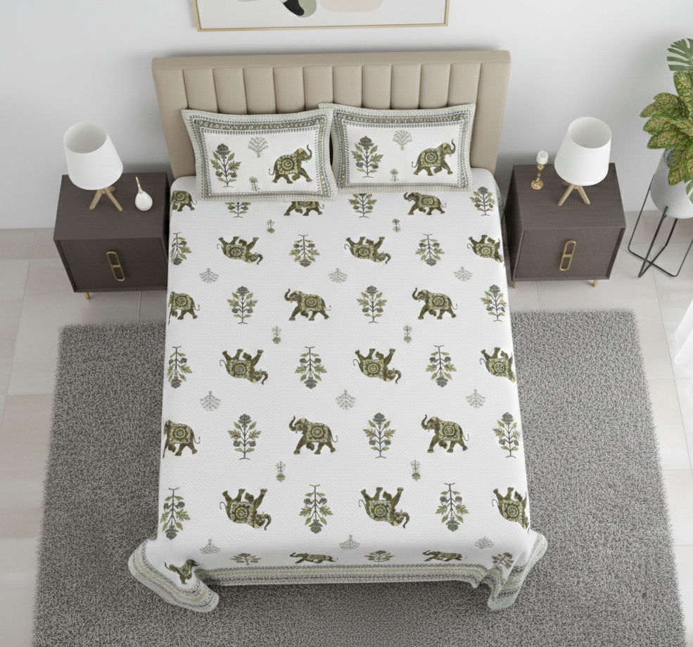 Elephant Motif Olive Green & White 200 TC 100% Pure Cotton King Size Bedsheet with 2 Pillow Covers