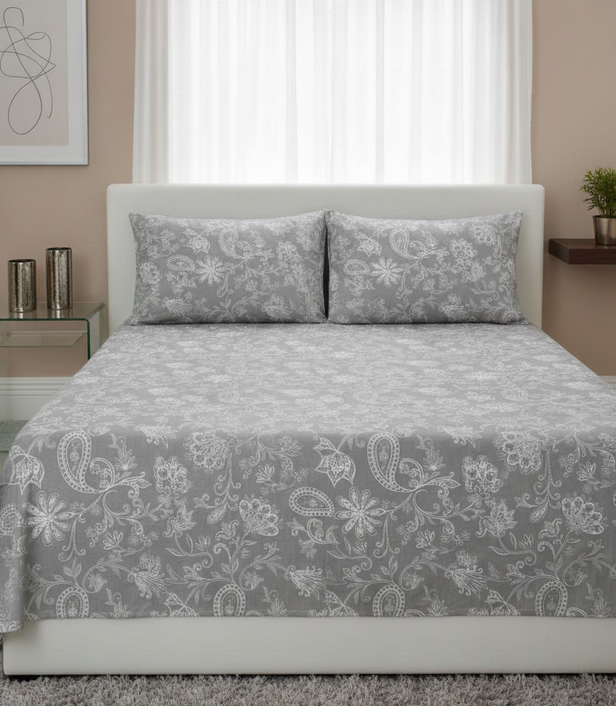 Grey Floral 350 TC Pure Cotton King Size Bedsheet with 2 Pillow Covers