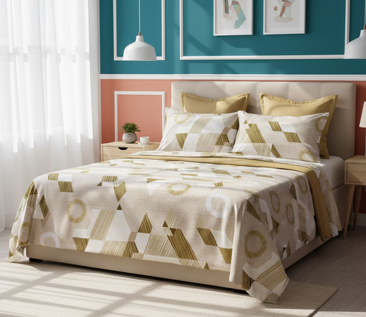 Green & Beige Geometric 200 TC Pure Cotton Queen Size Double Bedsheet