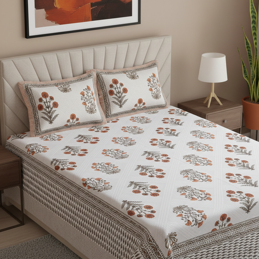 Floral Motif Orange & Taupe 200 TC 100% Pure Cotton King Size Bedsheet with 2 Pillow Covers