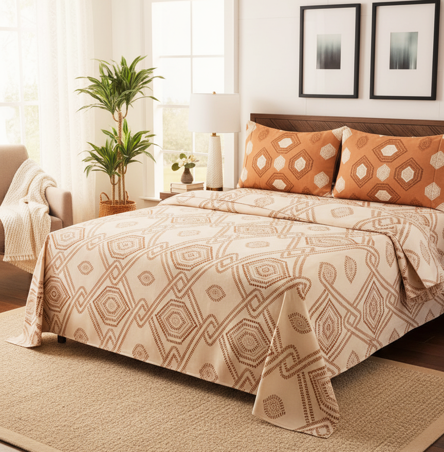 Peach Geometric 200 TC Pure Cotton Queen Size Double Bedsheet