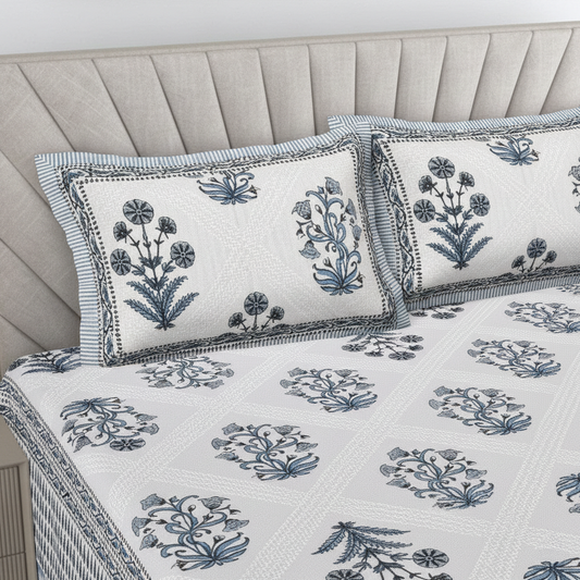 Floral Motif Blue & White 200 TC 100% Pure Cotton King Size Bedsheet with 2 Pillow Covers