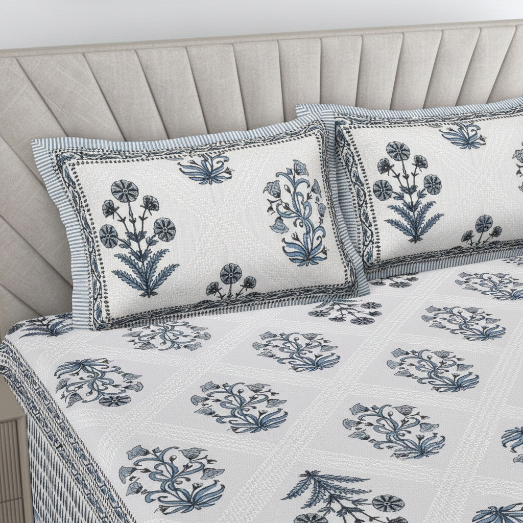 Floral Motif Blue & White 200 TC 100% Pure Cotton King Size Bedsheet with 2 Pillow Covers