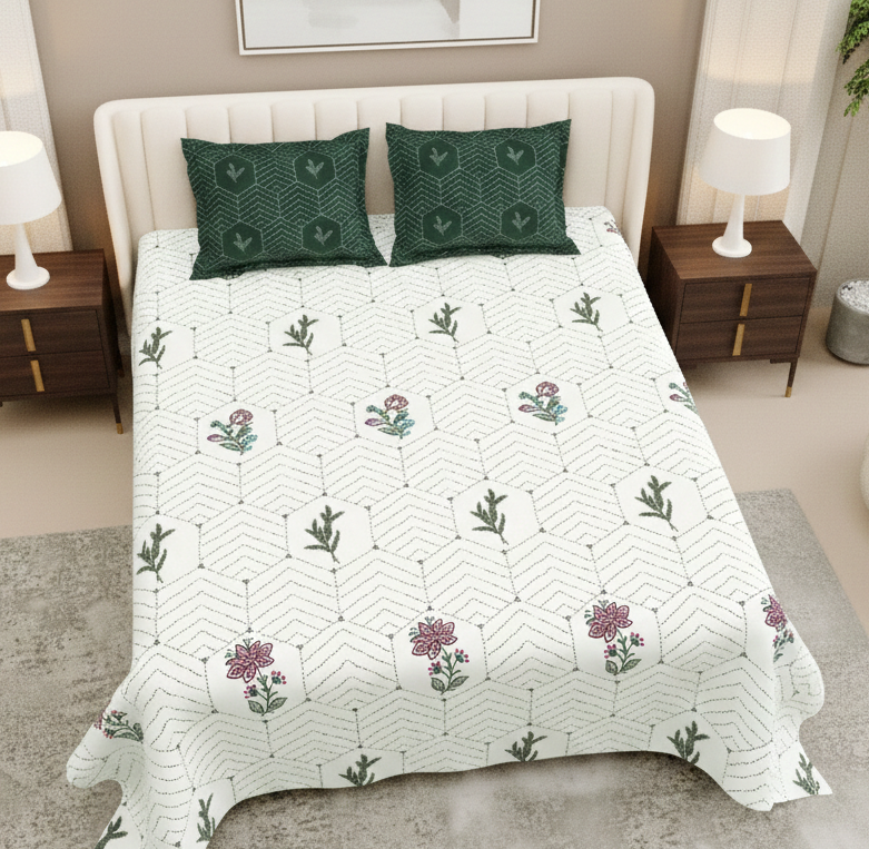 Geometric Print Forest Green & White 250 TC Pure Cotton King Size Bedsheet with 2 Pillow Covers