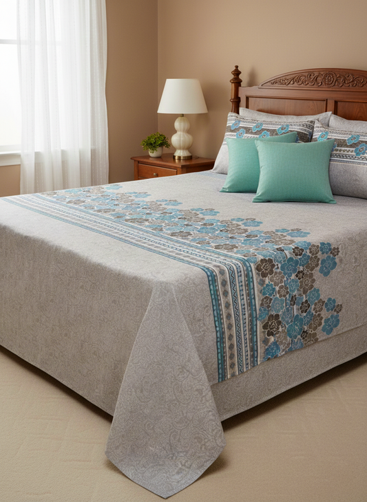 Serene Blue & Stone Gray Floral 240 TC Pure Cotton King Size Bedsheet