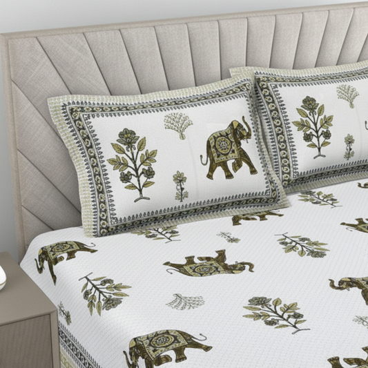 Elephant Motif Olive Green & White 200 TC 100% Pure Cotton King Size Bedsheet with 2 Pillow Covers