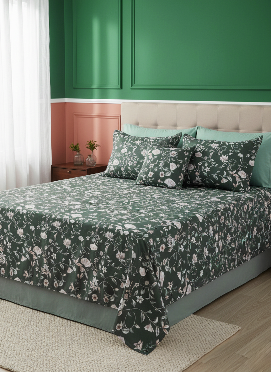 The Emerald Bloom 240 TC King Size Cotton Bedsheet