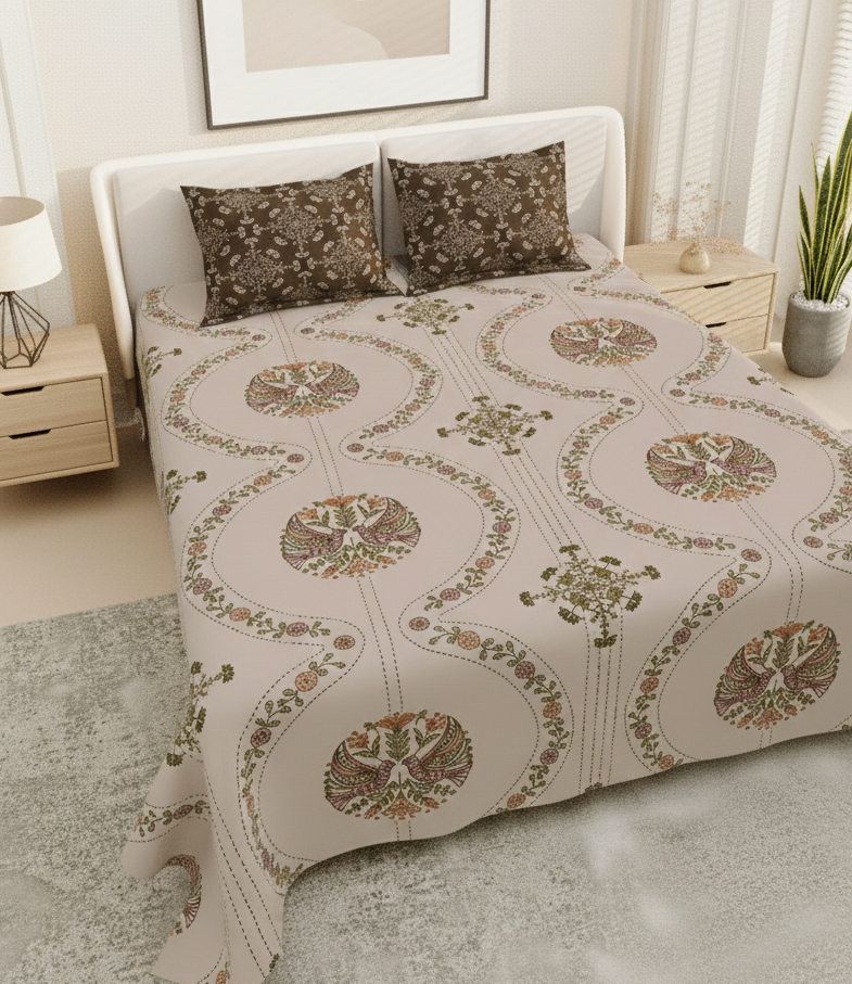 Paisley Floral Print Beige & Brown 250 TC Pure Cotton King Size Bedsheet with 2 Pillow Covers