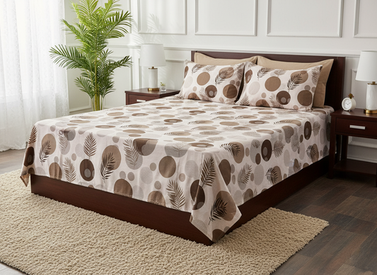 Brown Circles and Leaves 200 TC Pure Cotton Double Queen Size Bedsheet