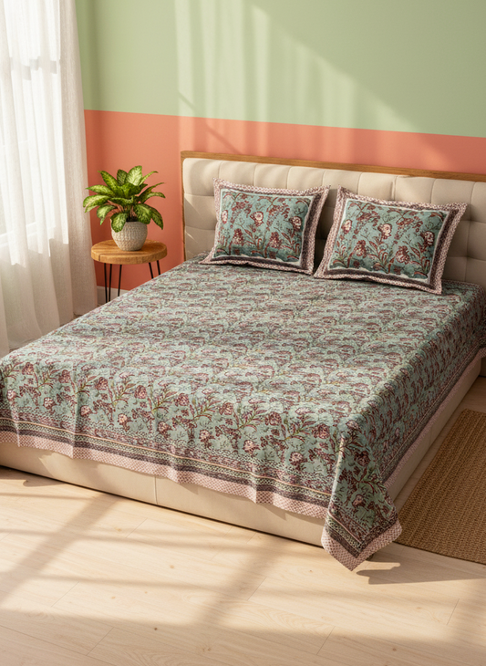 Teal & Pink Floral 200 TC Pure Cotton King Size Fitted Bedsheet