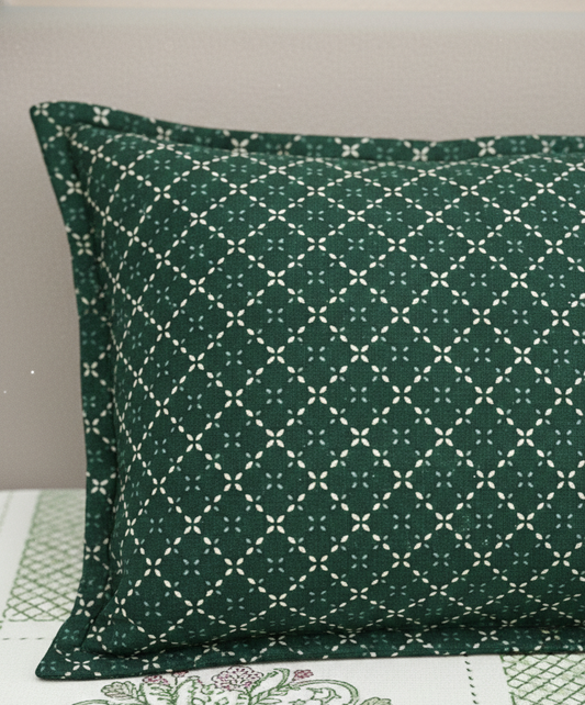 Geometric Floral Print Green & White 250 TC Pure Cotton King Size Bedsheet with 2 Pillow Covers