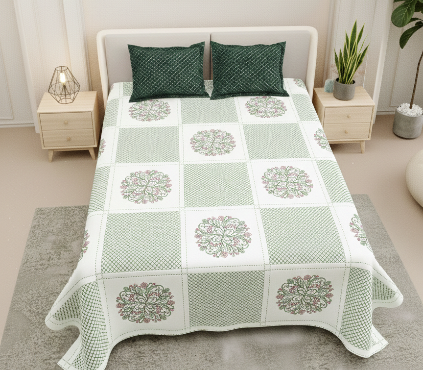 Geometric Floral Print Green & White 250 TC Pure Cotton King Size Bedsheet with 2 Pillow Covers