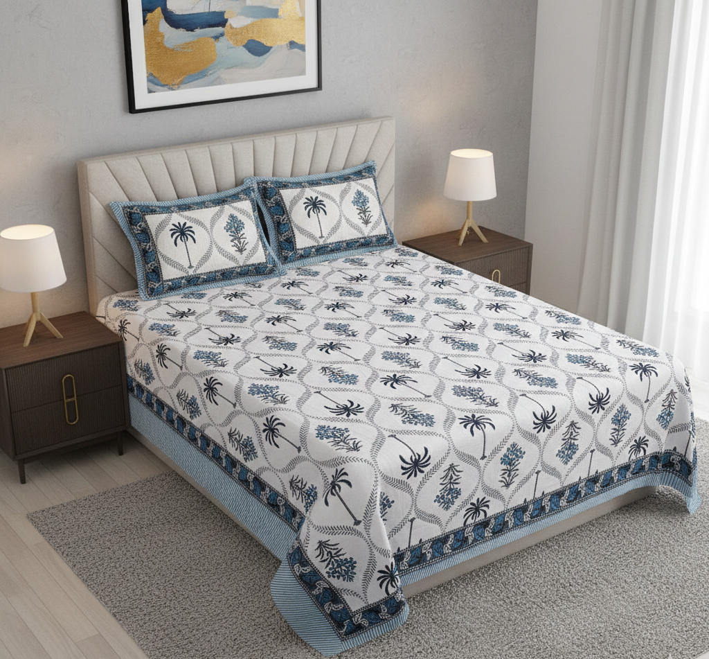 Jaipuri Sanganeri Palm Tree Motif Blue 200 TC 100% Pure Cotton King Size Bedsheet with 2 Pillow Covers