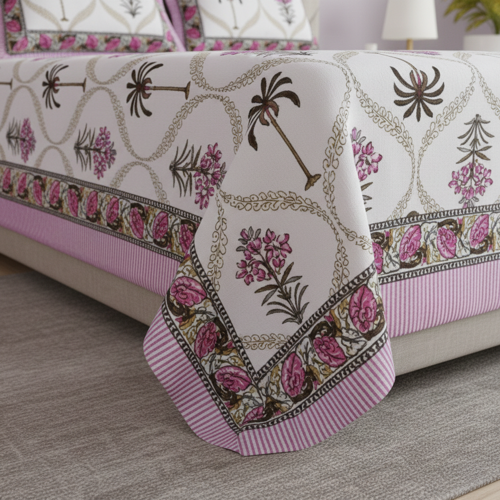 Jaipuri Sanganeri Palm Tree Motif Pink 200 TC 100% Pure Cotton King Size Bedsheet with 2 Pillow Covers