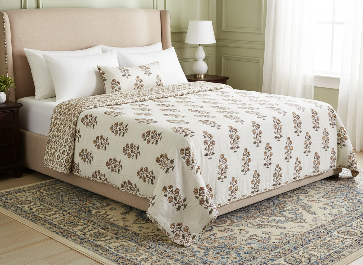 Brown & Gold Floral Double Mulmul Dohar Comforter in Jaipuri Hand Block Print