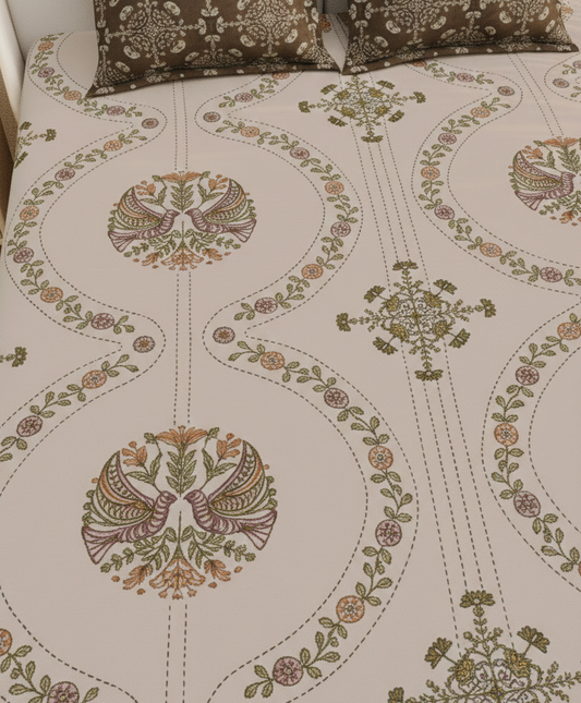 Paisley Floral Print Beige & Brown 250 TC Pure Cotton King Size Bedsheet with 2 Pillow Covers
