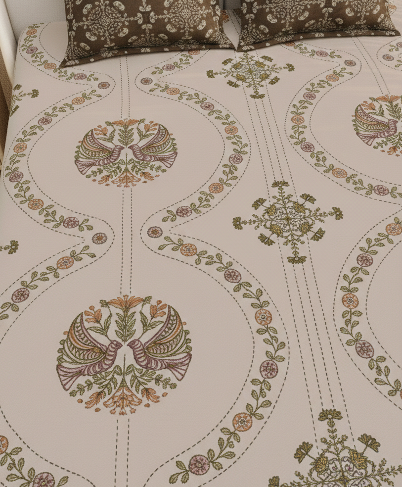 Paisley Floral Print Beige & Brown 250 TC Pure Cotton King Size Bedsheet with 2 Pillow Covers