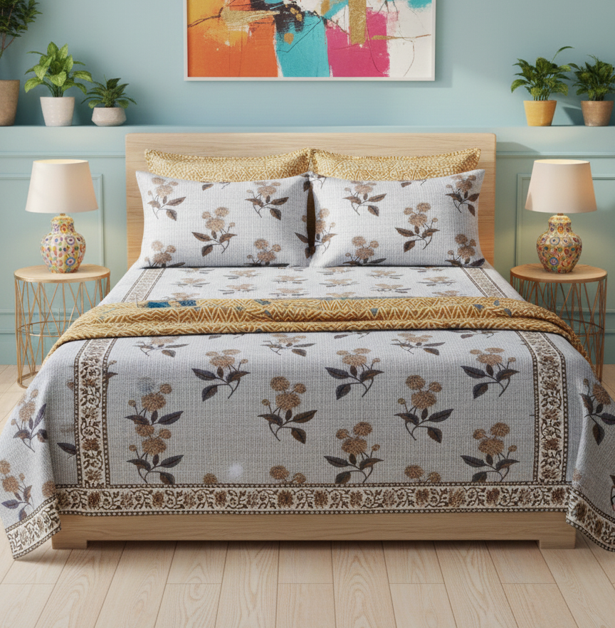 Blue and Beige Checked Floral 240 TC Pure Cotton King Size Bedsheet