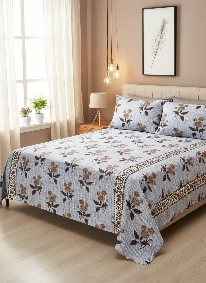 Blue and Beige Checked Floral 240 TC Pure Cotton King Size Bedsheet