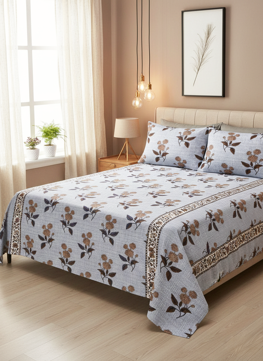 Blue and Beige Checked Floral 240 TC Pure Cotton King Size Bedsheet