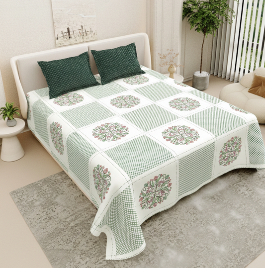 Geometric Floral Print Green & White 250 TC Pure Cotton King Size Bedsheet with 2 Pillow Covers