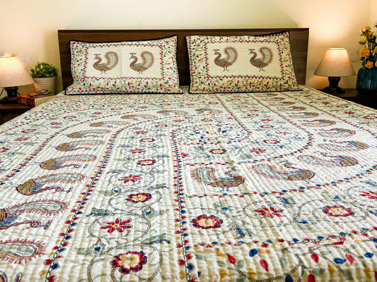 Reversible Quilted King Size Bedcover – 100% Cotton with Hand-Printed Floral & Peacock Motifs