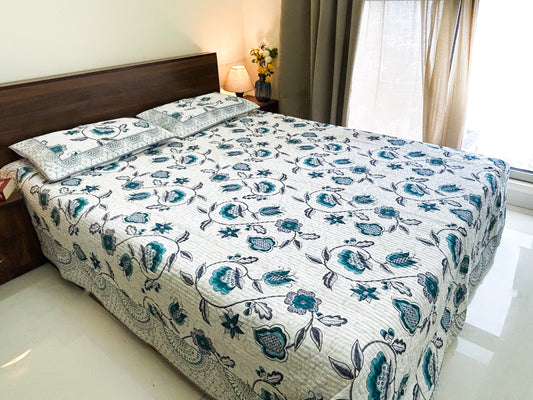 Reversible Quilted Cotton Bedcover – King Size | Teal & Grey Floral + Multicolor Print